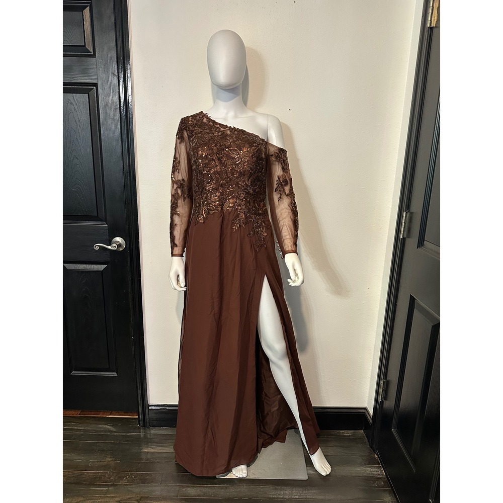 One Shoulder Lace Sequin Evening Gown Brown Long Sleeve High Slit Formal Dress - Picture 2 of 3
